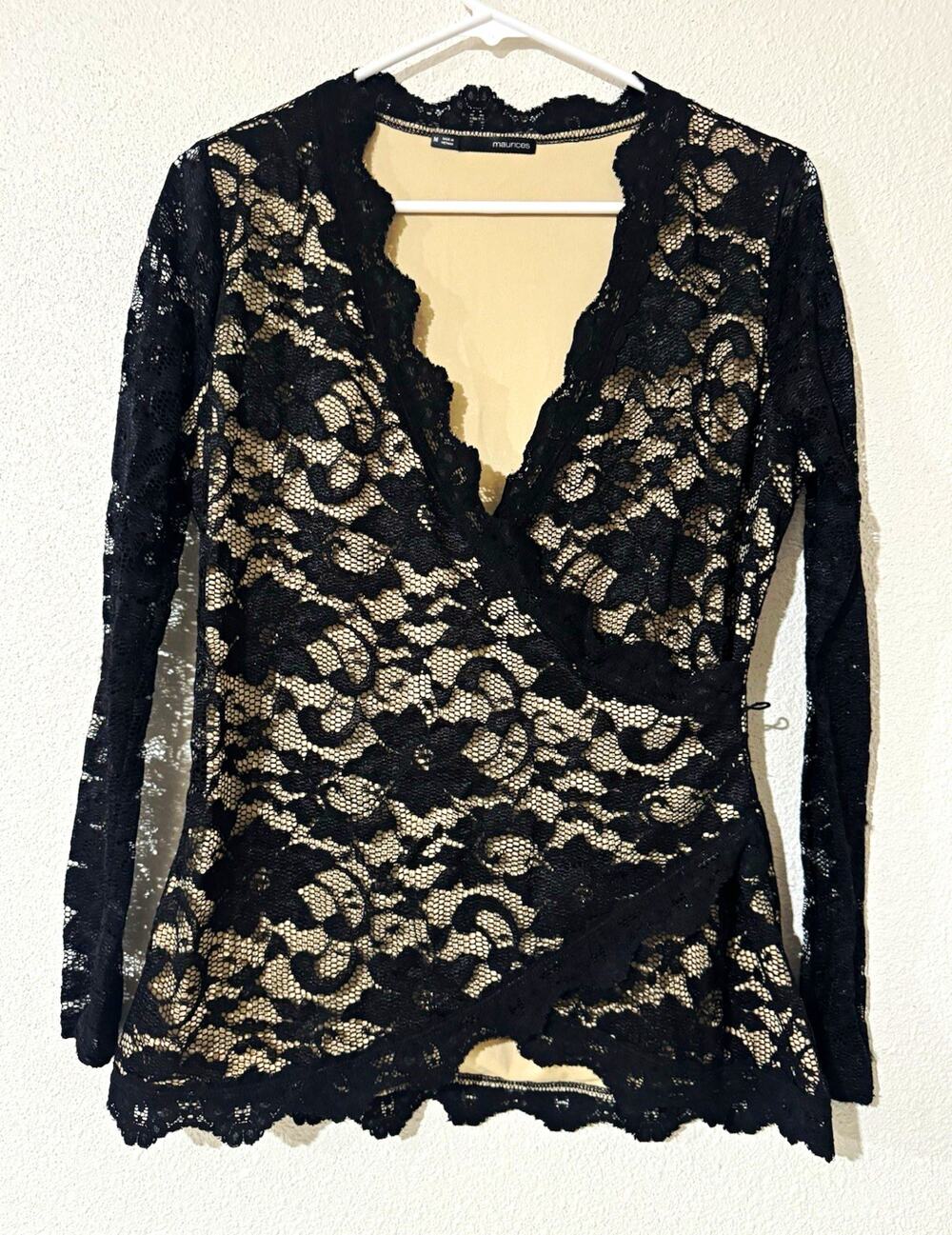 Maurices M Black Floral Lace V-Neck Long Sleeve Lined Stretch Blouse Goth Grunge